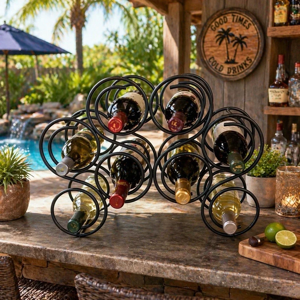 Vintage Industrial Iron Wine Rack 8 Bottle Y2K Spiral Bar Display Outdoor Bar